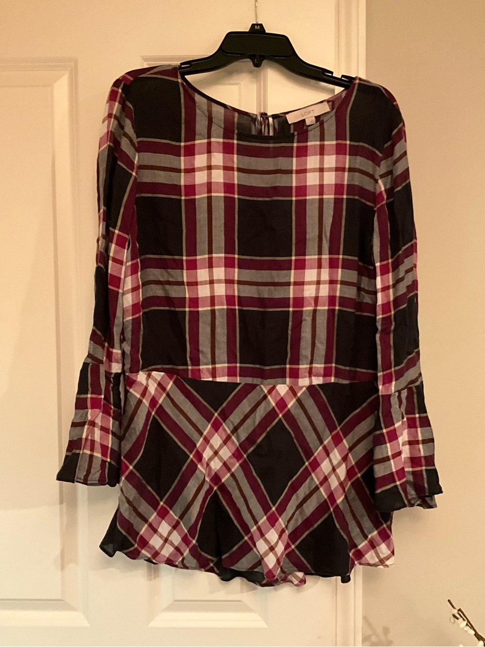 Loft Plaid Peplum Blouse in Burgundy, Black & GraySize Large